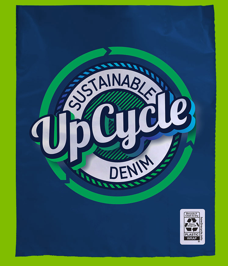 A dark blue Poly Lite™ Automated Mailer with bold text reading 'UpCycle' in a stylized font, surrounded by a green and blue circular design. The text 'Sustainable Denim' is featured above and below 'UpCycle.' In the bottom-right corner, there is a recycling label with instructions to recycle the plastic wrap and a link to how2recycle.info.