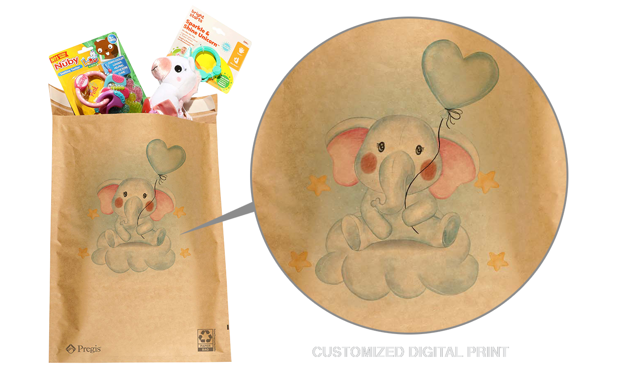 A Pregis Evertec paper mailer featuring a custom digital print of an adorable baby elephant sitting on a cloud, holding a heart-shaped balloon, with yellow stars surrounding it. The mailer is filled with colorful toys, including a baby rattle and a plush unicorn. The 'how2recycle.info' logo is visible at the bottom right, indicating the bag is recyclable.