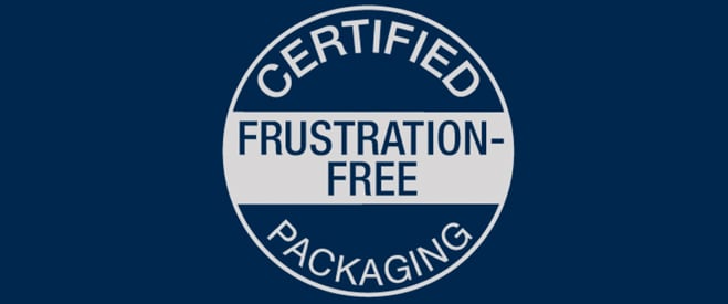 Certified Frustration-Free Packaging logo, a circular badge with white text and a two-tone design on a dark blue background.