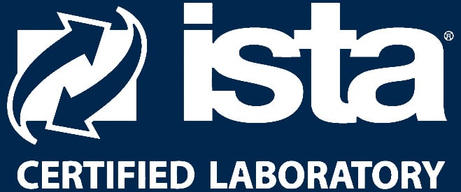 ISTA Certified Laboratory logo, featuring bold white text and a circular arrow symbol on a dark blue background.