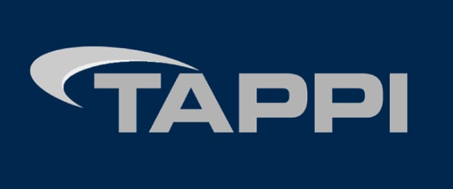 A logo for TAPPI, featuring bold gray text and a curved design element on a dark blue background.